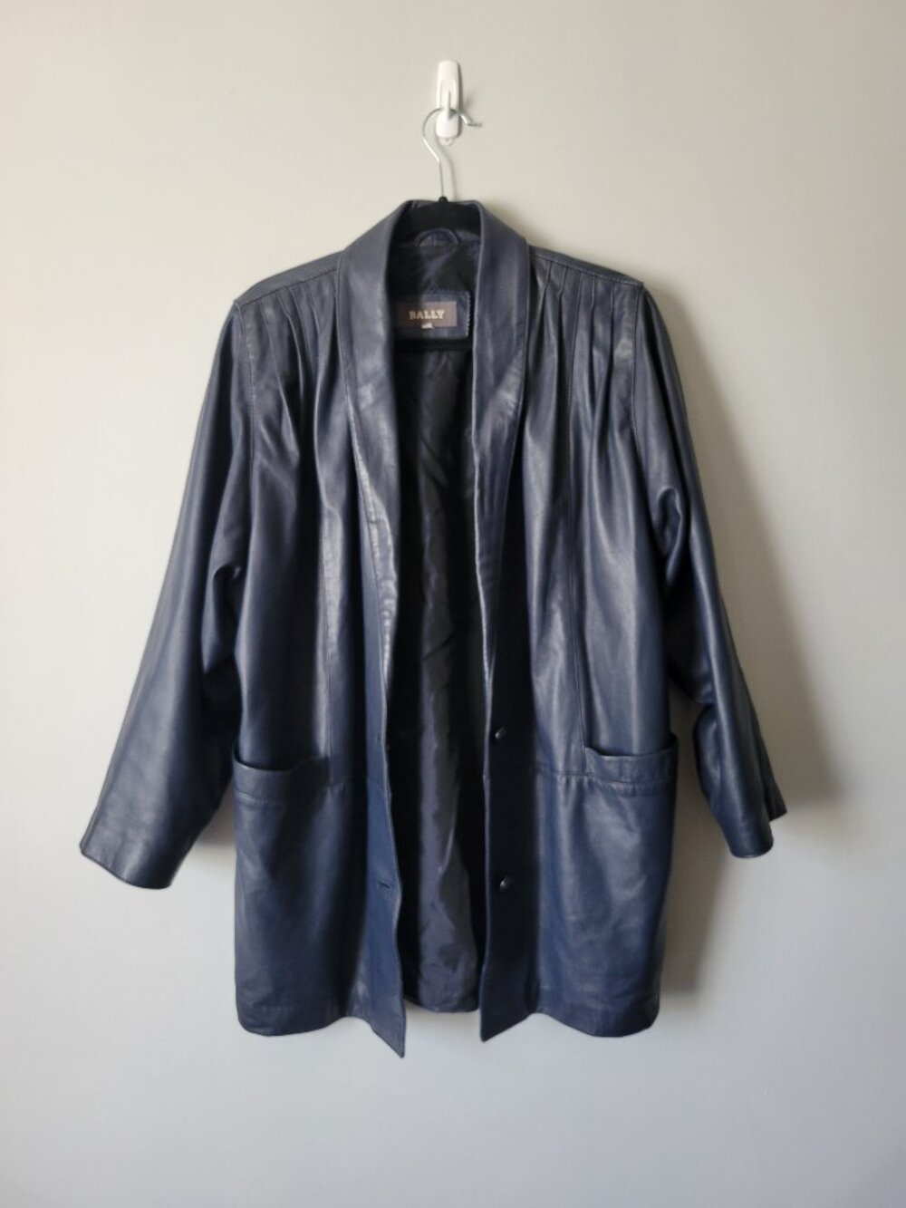 Vintage Bally Soft Leather Coat Jacket Navy, Blue Buttons Made in Italy Size 8